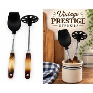 Vtg Prestige Nylon Kitchen Utensils Lot Spoon Potato Masher Brown Rustic Handles